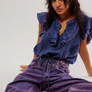 Free People Naya Top Denim Fp One Ruffle Blouse L